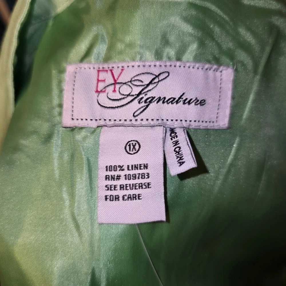 EY Signature Women's 1X Green Lace Sleeve‎ Linen Open Front Jacket